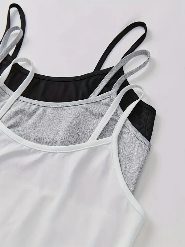 3 Pack Solid Color Cami Top Versatile Slim Backless Spaghetti Strap Top For Summer Women's Clothing