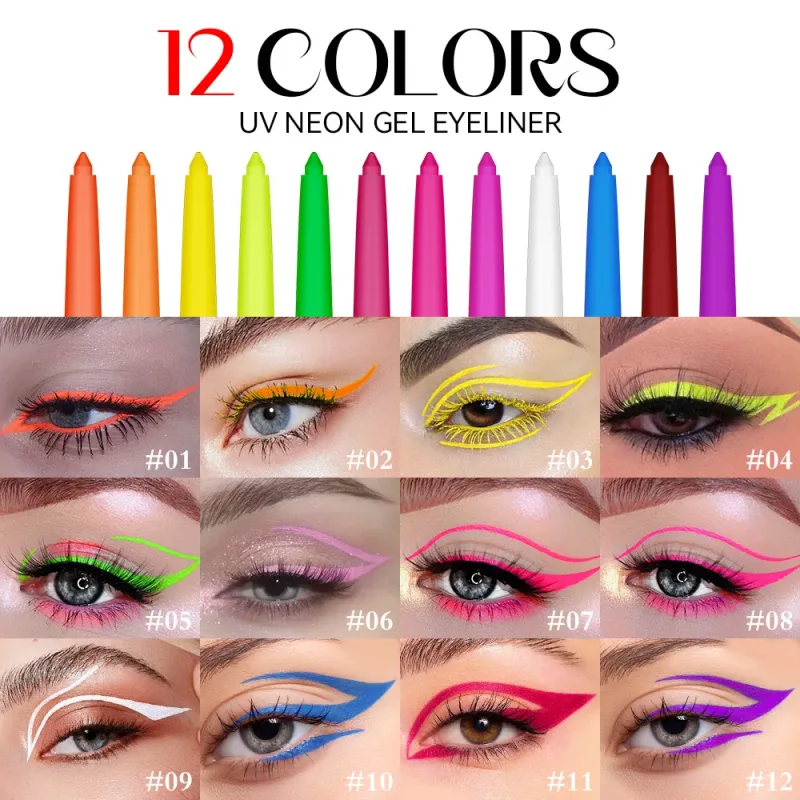 12 cores uv fluorescente delineador gel caneta à prova dwaterproof água secagem rápida neon colorido delineador branco azul roxo música festa maquiagem dos olhos