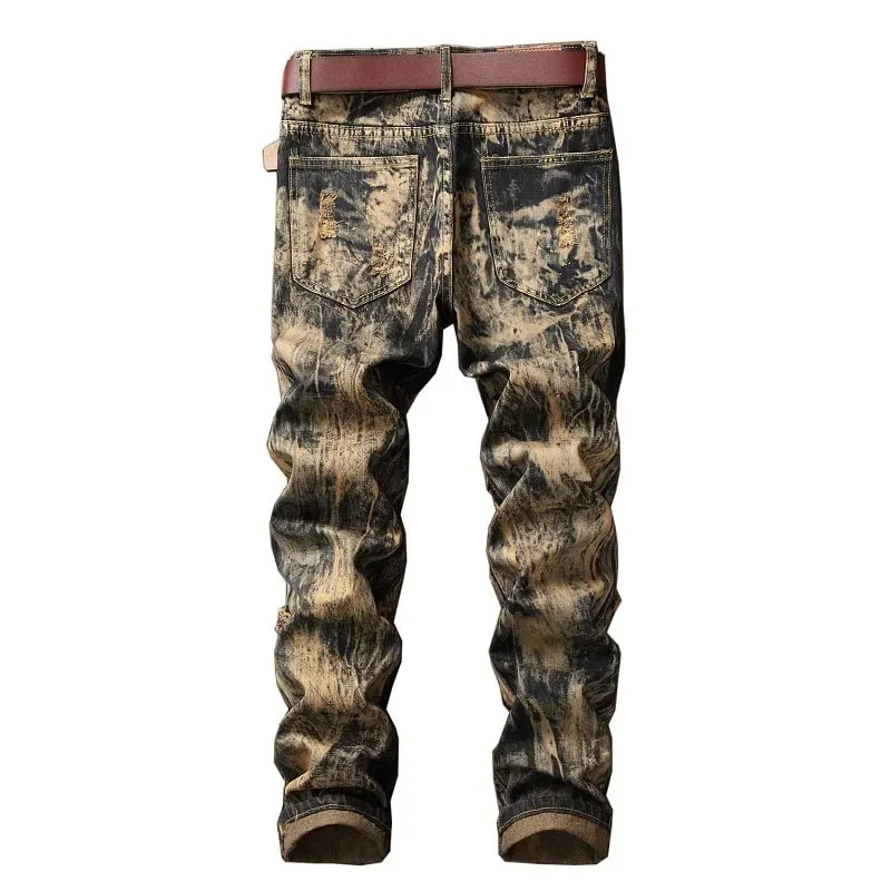 Jeans americanos vintage de perna reta para homens, com detalhes rasgados desgastados, patchwork e corte cônico estilo urbano. — image 4