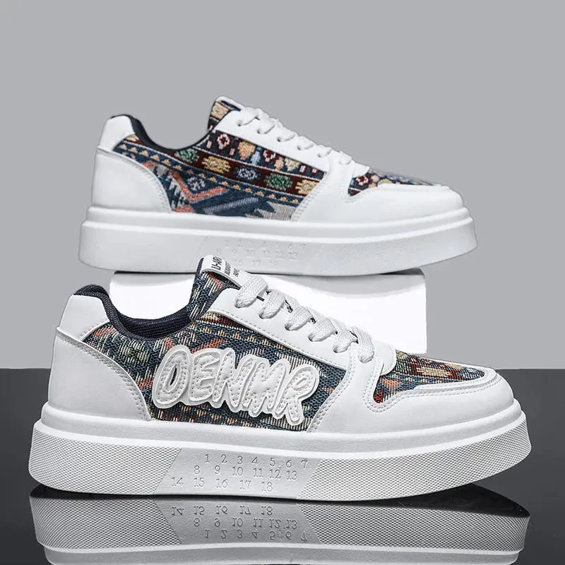 Homens primavera verão tênis plataforma sapatos de retalhos étnicos tecido casual skate rendas até calçados masculinos
