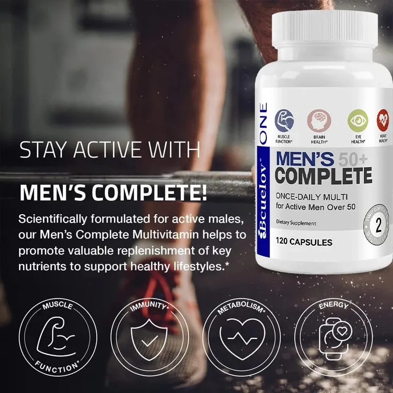 Men's 50+ Daily Super Multivitamin High Potency Formula for Brain Eye & Heart Health Vitamins A C D E K B1 to B12 Gluten Free