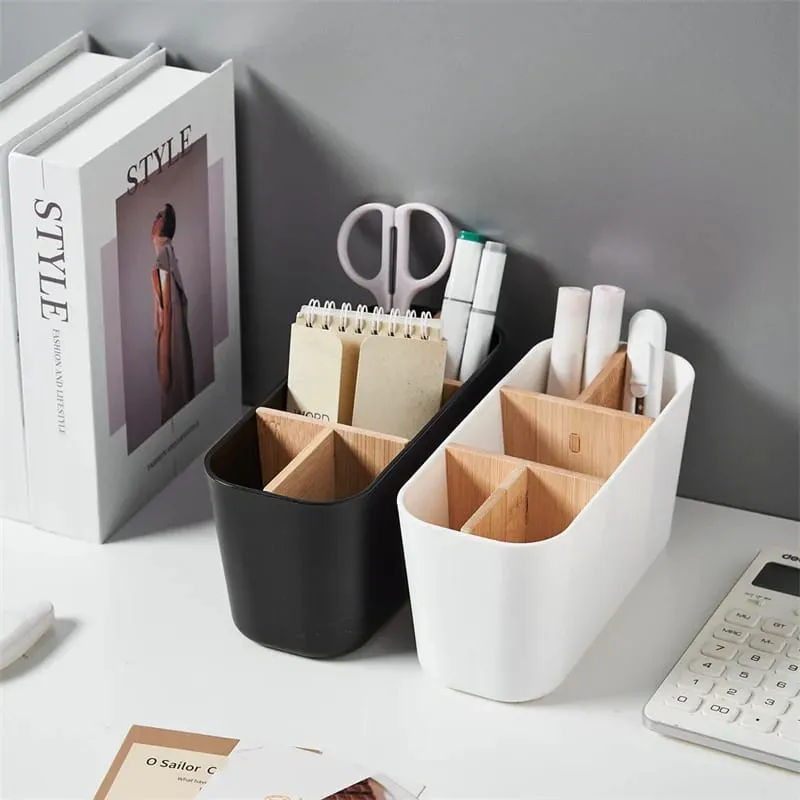 Suporte para pincéis de maquiagem com bambu, 5 espaços, divisórias, multiuso, pincel de maquiagem, ferramentas cosméticas, batom, organizador de armazenamento de mesa