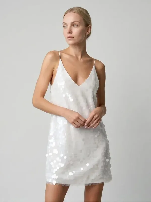 2026 Women White Sequins Mini Dress Sexy Deep V-neck Spaghetti Strap Loose Vestido New Fashion Summer Club Party Evening Dresses — image 3