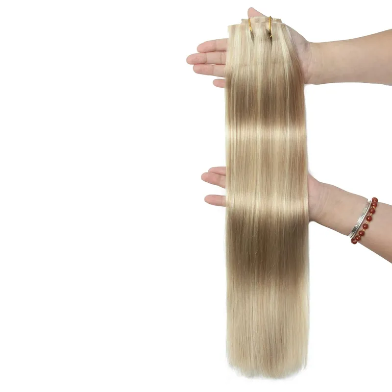 Feminino leve clipe em extensões 7 pçs conjunto invisível fita do plutônio trama injetado plutônio natural cabelo humano 12-24 polegada adicionando comprimento uso — image 12