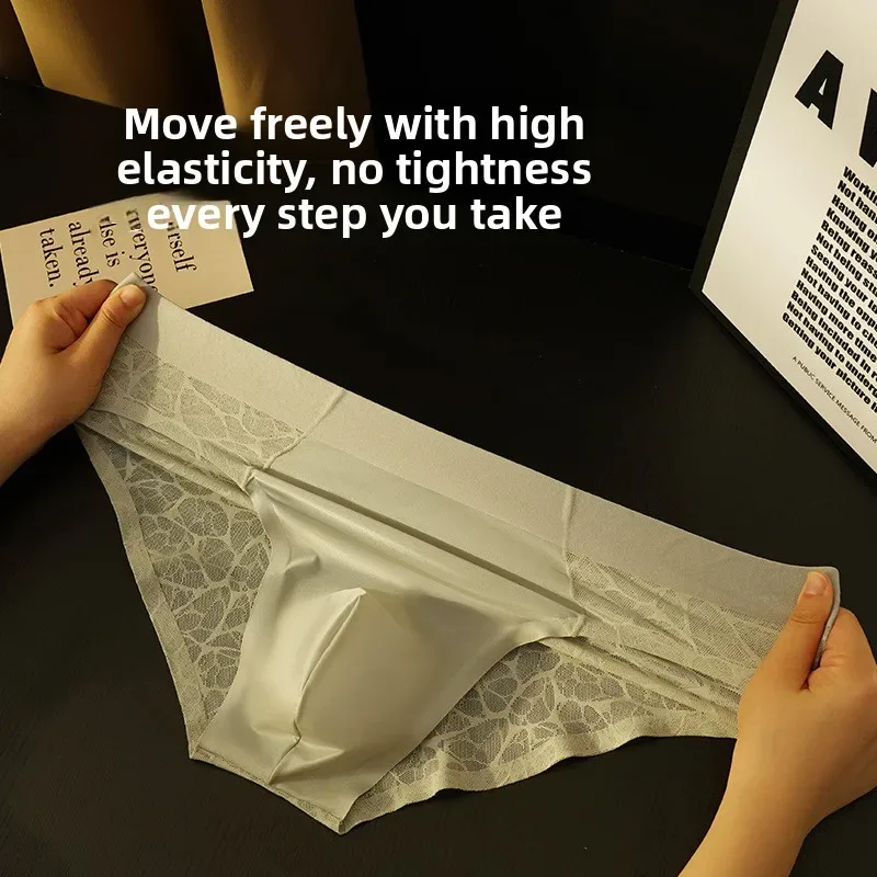 Seamless Jacquard Men Triangle Underwear Ice Silk Thin Breathable Panties Quick Drying Briefs Male Sexy U Bulge Pouch Underpants