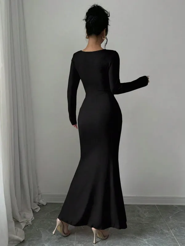 Feminino quatro estações novo estilo feminino elegante temperamento retro cor sólida gola quadrada vestido de manga longa