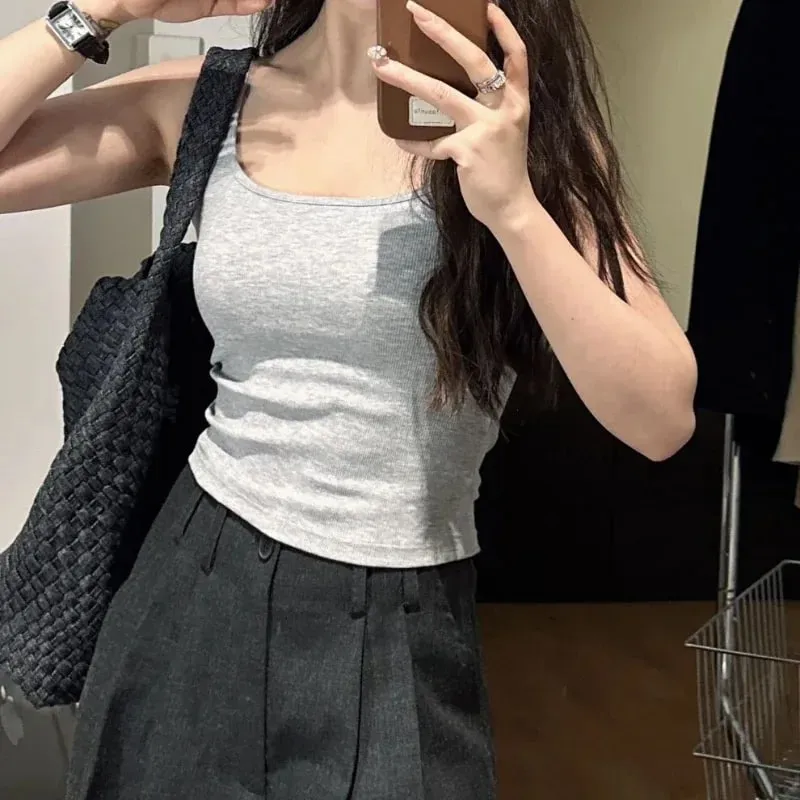 純色百搭隱形一體成型胸墊吊帶背心2024春季新款韓版女裝短袖無袖上衣
