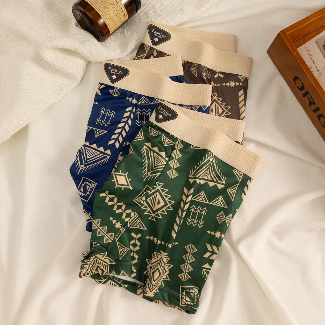 Men's Boxer Retro Ethnic Style Comfortable Smooth Fabric Briefs Vintage Print Elastic Underwear for Man Lingerie Flat Underpants