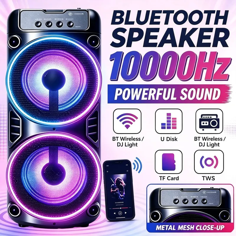 Alto-falante Bluetooth profissional grande design portátil com luzes LED JBL Subwoofer Party Box compatível com BT/USB/TF/AUX/FM/TWS/MIC/EQ Funções Karaokê profissional. Presente ideal para aniversários, Natal e Ano Novo