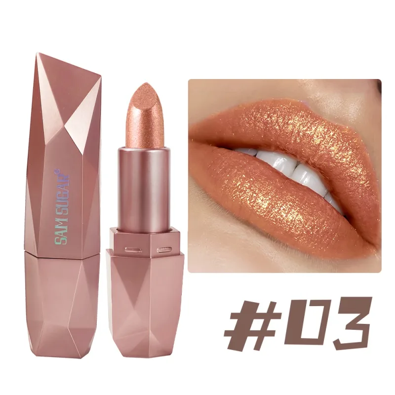Batom com glitter diamante de longa duração, hidratante à prova d'água, altamente pigmentado, brilho metálico perolado, antiaderente