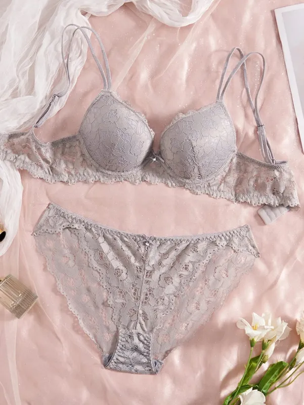 Conjunto de lingerie sexy feminina renda patchwork cor sólida laço strass embelezado push-up alça de ombro dupla sem forro roupa íntima confortável renda semitransparente calcinha respirável