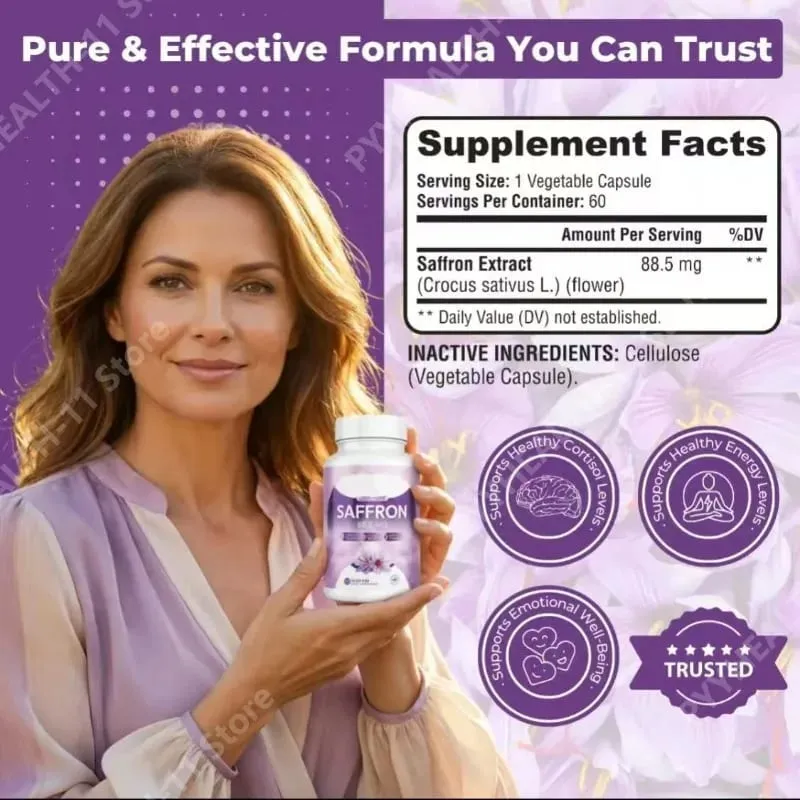 Cápsulas de açafrão 100%, 88,5mg, crocus sativus l, extrato de flor com crocin, extrato de planta natural, suplemento diário de saúde
