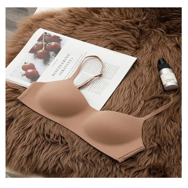 Sutiã sem fio macio e confortável, copo fino, material elástico, push up, elástico, design reunido, sem costura, lingerie, beleza