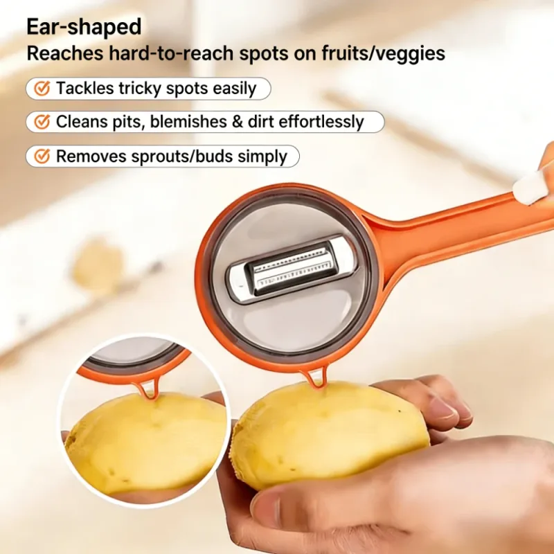 Descascador multifuncional de frutas e vegetais com armazenamento de casca, design suspenso sem respingos, fácil de limpar, removedor de olhos de batata, cozinha