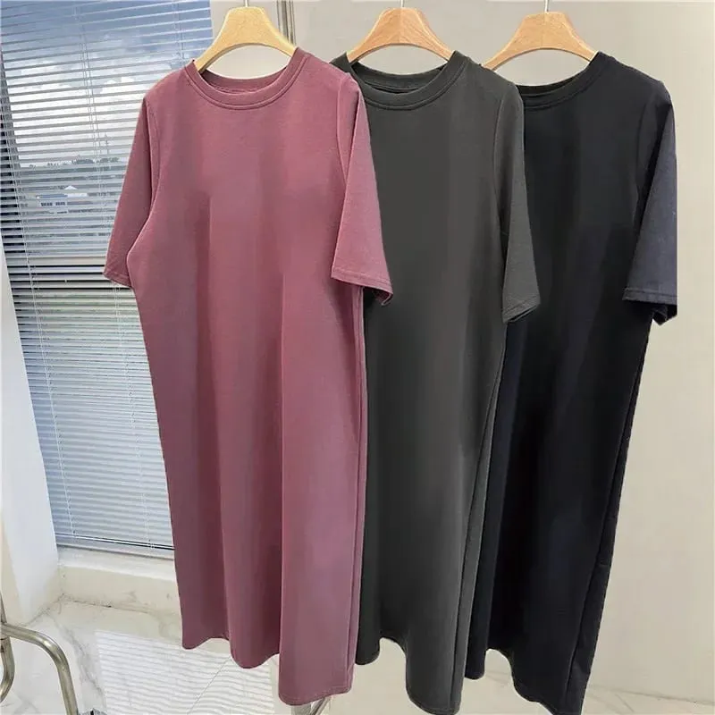 Solto casual cor sólida vestido confortável solto tamanho grande camisa de manga curta vestido de verão para casa vestidos longos