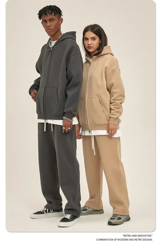 New Men Double Headed Zipper Fleece Hoodies Unisex Loose Basic Solid Warm Hooded Sweatshirts Coats For Winter HY0633