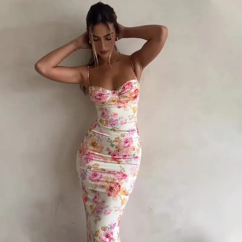 Novo floral suspender split magro sem mangas patry praia estilo espaguete cinta vestido roupas femininas mini vestido 2024 verão