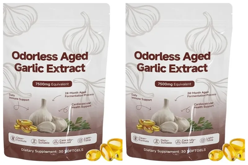 Extrato de alho envelhecido inodoro Softgels 7500mg equivalente 24 meses fermentado para suporte cardio metabólico imunológico adulto 30 contagens