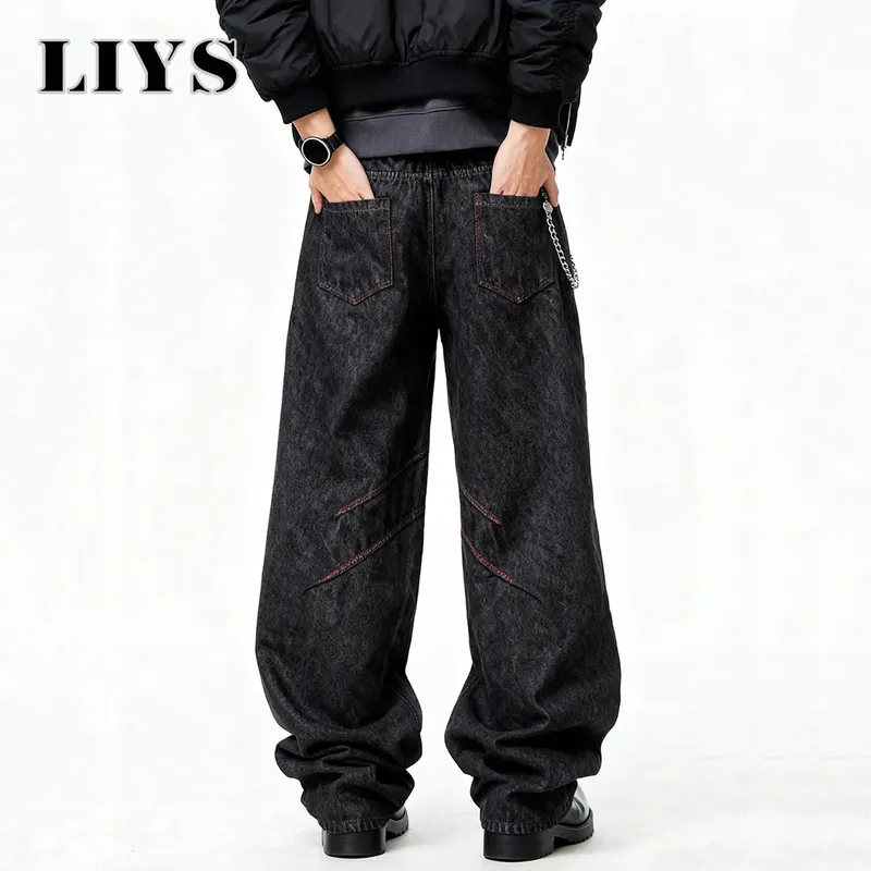 Quatro estações americano retro masculino preto baggy perna larga jeans básico negócios casual solto calças jeans unissex rua jeans