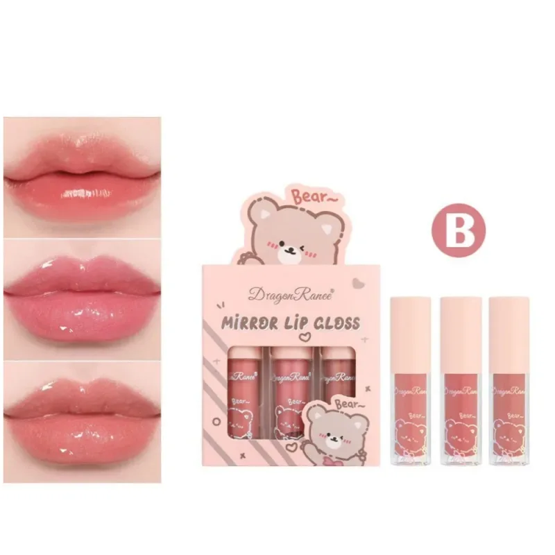 Dragão ranee 3 pçs espelho conjunto de brilho labial hidratante brilhante brilho labial hidratante pérola batom líquido dos desenhos animados conjuntos de brilho labial