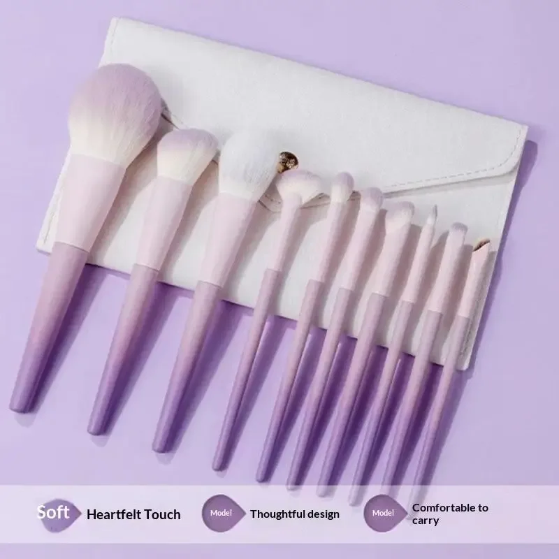 10 pçs rosa roxo gradiente plástico lidar com escova de maquiagem conjunto de cerdas de fibra sintética pó fundação pincéis cosméticos