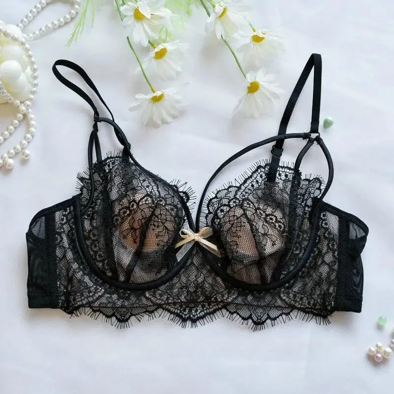 Coreano tendência quente puro desejo conjunto de sutiã de renda underwire copo fino push up grande busto visualmente pequeno anti droop lingerie 32-38 quente — image 10