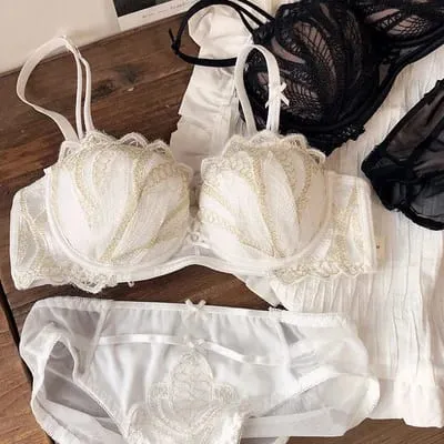 Sexy bordado renda concha meia xícara seios pequenos push up sutiã conjunto engrossar almofada ajustável sutiã calcinha meninas roupa interior