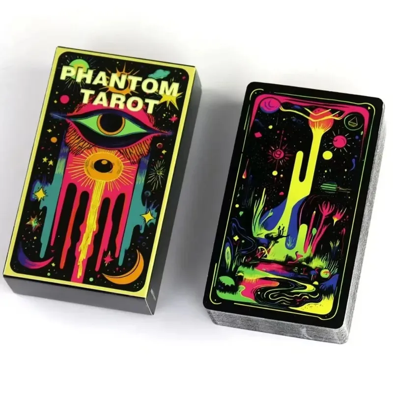 Conjunto completo de tarô phantom com 78 cartas de jogo de tabuleiro personalizadas estilo arte neon, adivinhação para festa e entretenimento