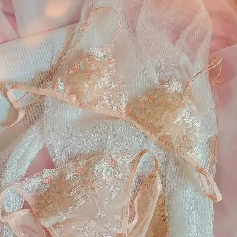 Francês puro desejo bordado renda sonho triângulo copo sem underwire cinto fino pequeno conjunto de sutiã ultra-fino sexy conjunto de sutiã