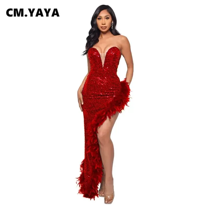 yaya feminino lantejoulas sem alças pena alta lateral divisão sem alças bodycon midi maxi vestido sexy clube até vestidos de festa