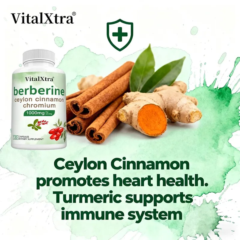 Cápsulas de berberina com canela do Ceilão e cúrcuma apoiam a saúde do coração, açúcar no sangue, função hepática, saúde imunológica e digestiva