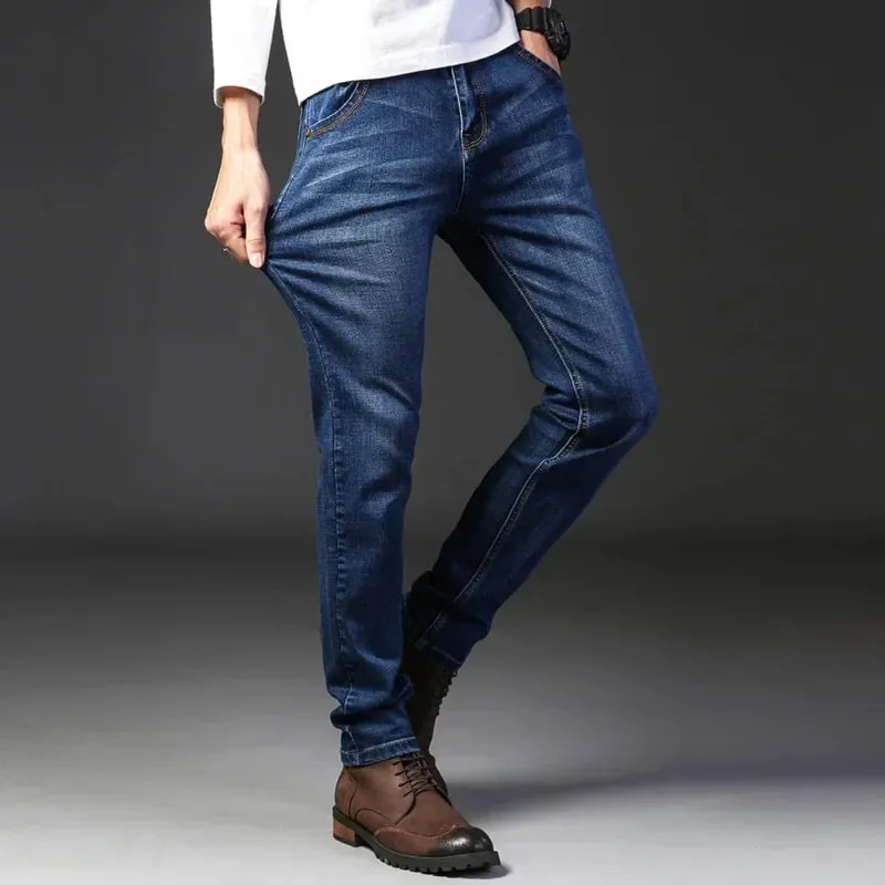 2024 Summer Thin Men's Elastic Cotton Jeans Fashion Gray Comfortable Business Straight Casual Pants High Quality Brand Trousers