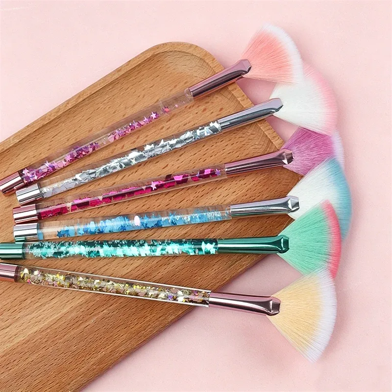 Pincel de maquiagem leque com glitter, 5 peças, cabo transparente, cerdas macias, iluminador, pó, blush, rosto, ferramenta de beleza cosmética