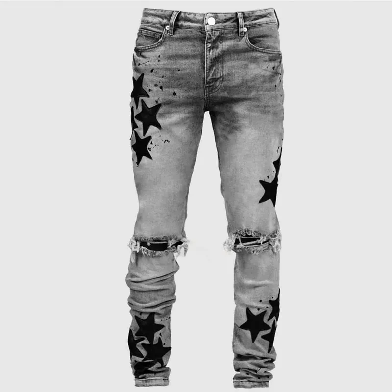 Kakan - Novo jeans masculino azul slim fit com remendo Y2k com design estampado jeans longo marca masculina — image 12