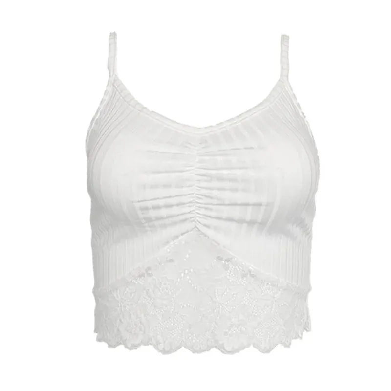 White Camisole 2025 Women's Tanks New Style V-Neck Lace Patchwork Pleated Fashion Sexy Hot Girl Street Fashionista Camisole Top