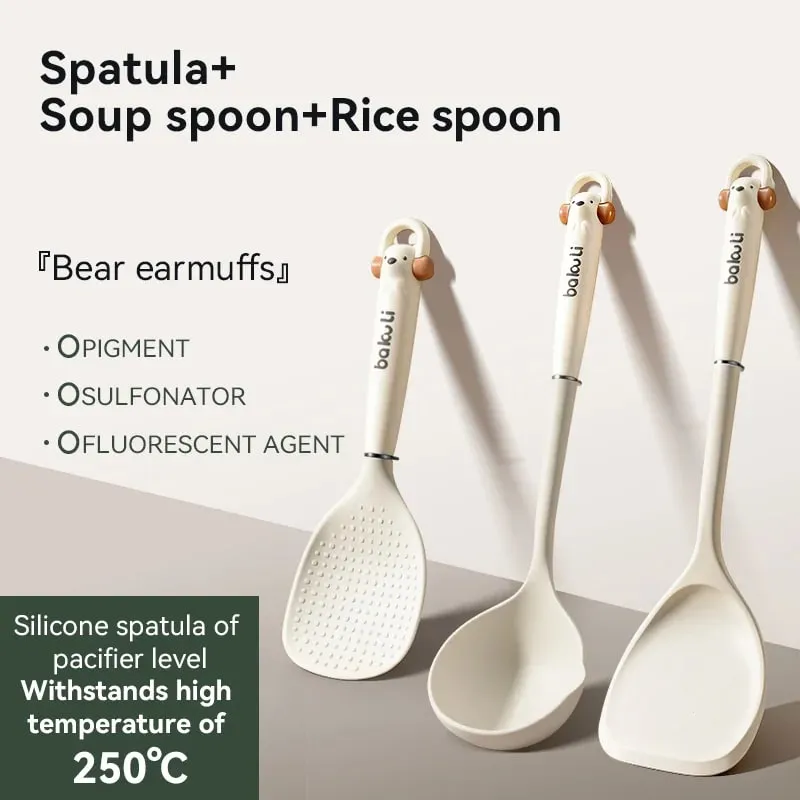 Novo utensílio de cozinha melhorado, conjunto de 3 peças, espátula de silicone, colher de arroz e sopa, resistente ao calor, ferramentas de cozinha antiaderentes