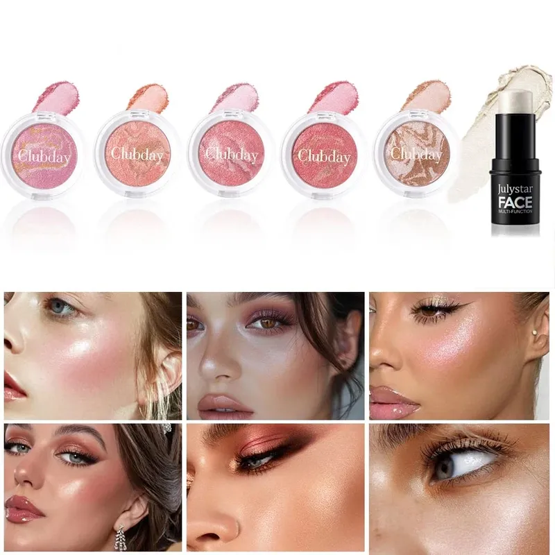 Conjunto combinado de blush e destaque, acabamento orvalhado luminoso, cor edificável, uso de longa duração para maquiagem facial com brilho natural