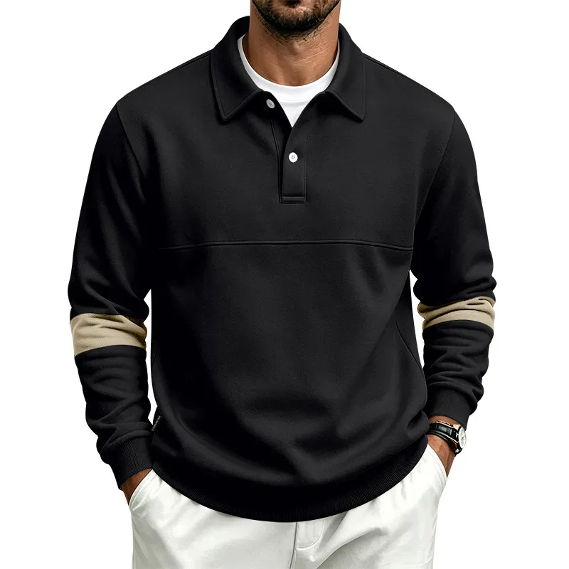 Men Lapel Polo Sweatshirt, Color Block Long Sleeve Pullover, Loose Solid Casual Top for Spring Autumn Daily Outfit