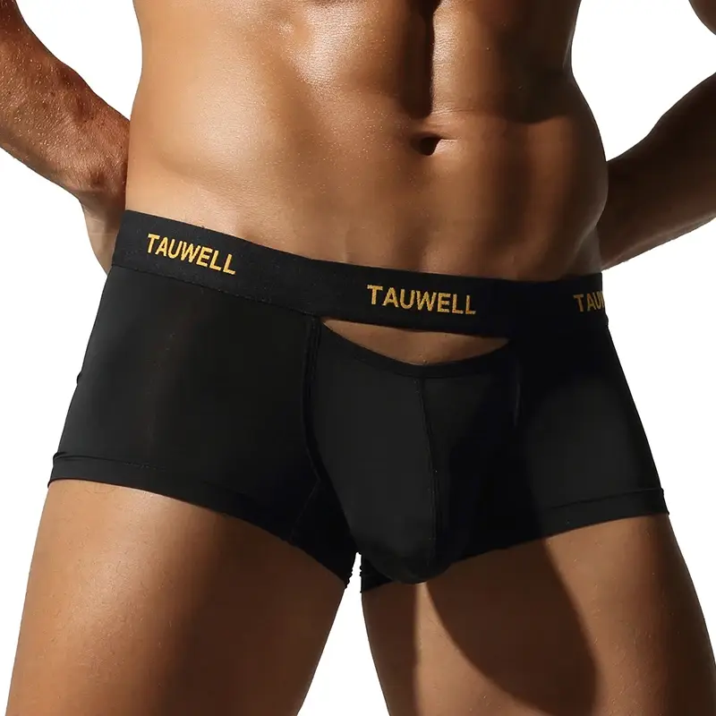 Roupa interior masculina confortável legal fina sexy semi-transparente calças de ângulo plano com cuecas em forma de u