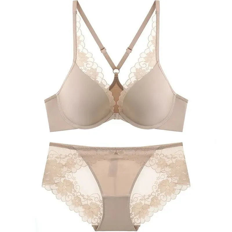 Sutiãs femininos sexy de alta qualidade e breve conjunto de duas peças frontal fechado push up renda A B C copo fio lingerie de verão roupa íntima preta
