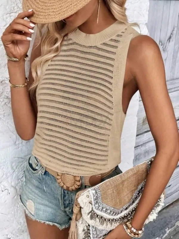 Top feminino de malha de cor sólida sem mangas