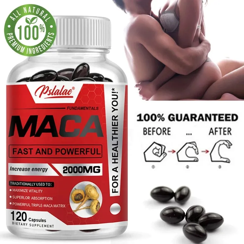 Cápsulas de raiz de maca para homens e mulheres para maximizar a vitalidade e o desempenho, feitas com maca preta, maca vermelha e maca amarela em pó — image 2