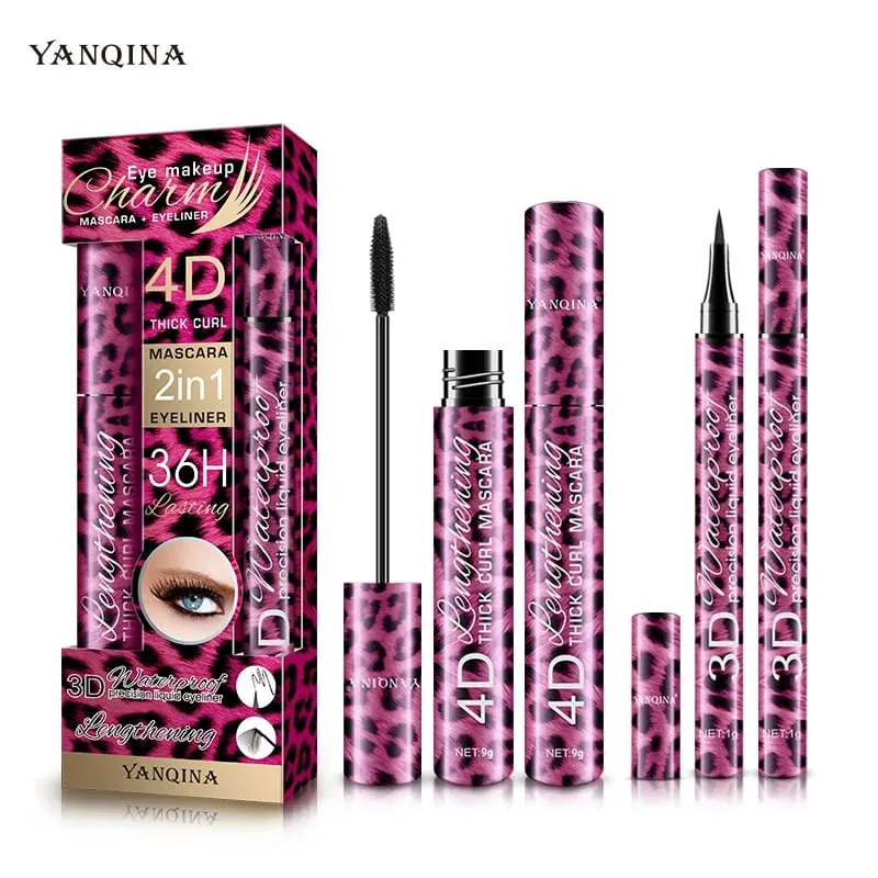 Conjunto de rímel à prova d'água 4D e delineador líquido, kit cosmético de maquiagem para olhos com curvatura espessa para iniciantes
