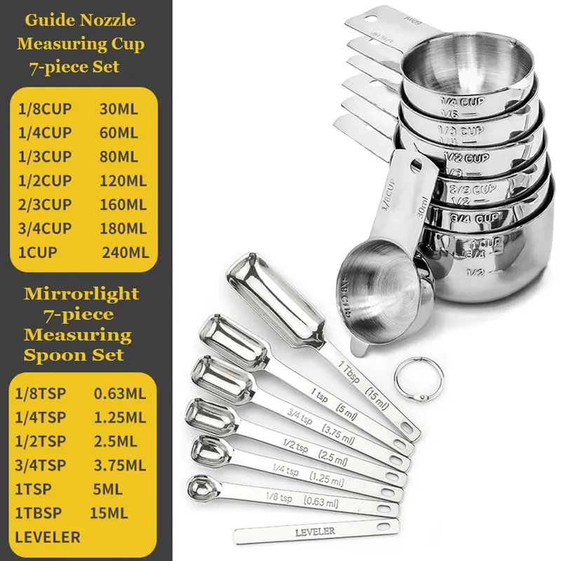 Conjunto de copos e colheres de medição de aço inoxidável, 14 peças com nivelador, ingredientes secos e líquidos, perfeitos para cozinhar e assar