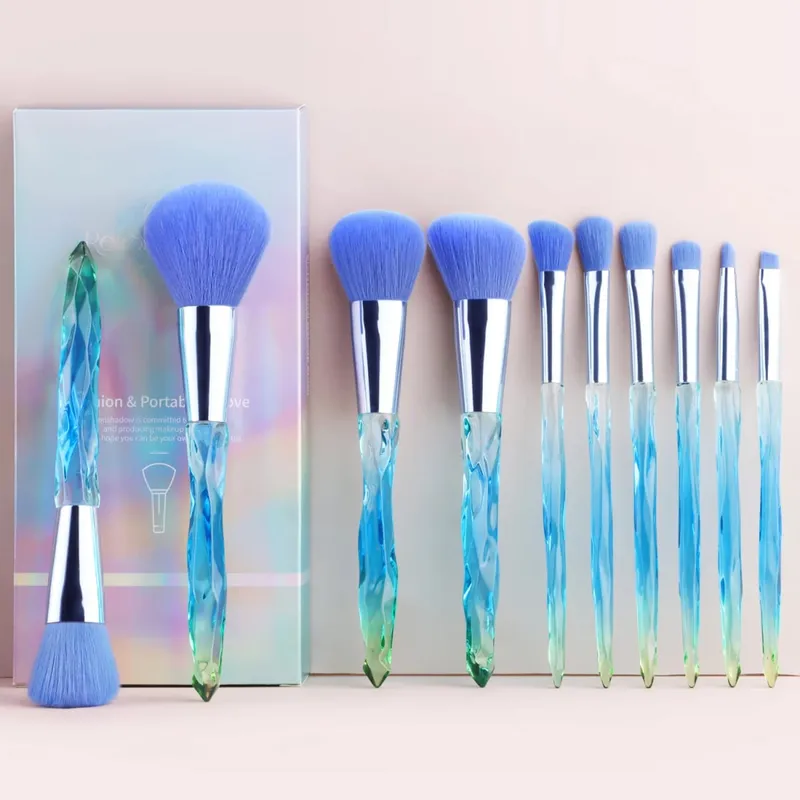10 pçs brilhante cristal lidar com escova de maquiagem conjunto com caso redondo solto pó escova & plana fundação escova para maquiagem dos olhos
