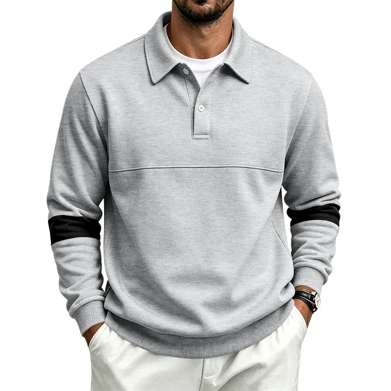 Men Lapel Polo Sweatshirt, Color Block Long Sleeve Pullover, Loose Solid Casual Top for Spring Autumn Daily Outfit