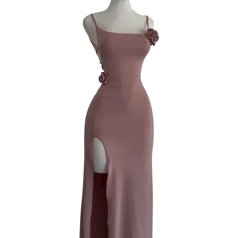 Sexy sem mangas vestido de fenda a céu aberto elegante tridimensional rosa vestido fino 2025 verão moda senhoras festa clube vestidos