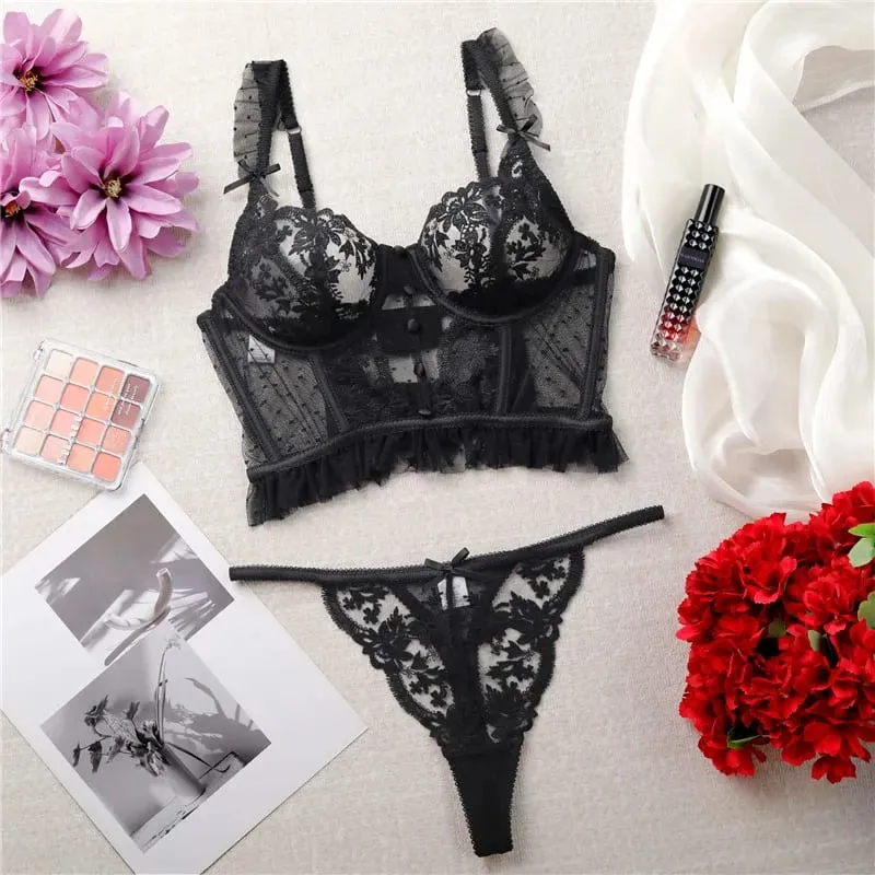 Sexy sutiã breve conjunto babados dot lingerie bordado flores calcinha sólida roupa interior rendas dois fechamento traseiro conjuntos exóticos íntimos