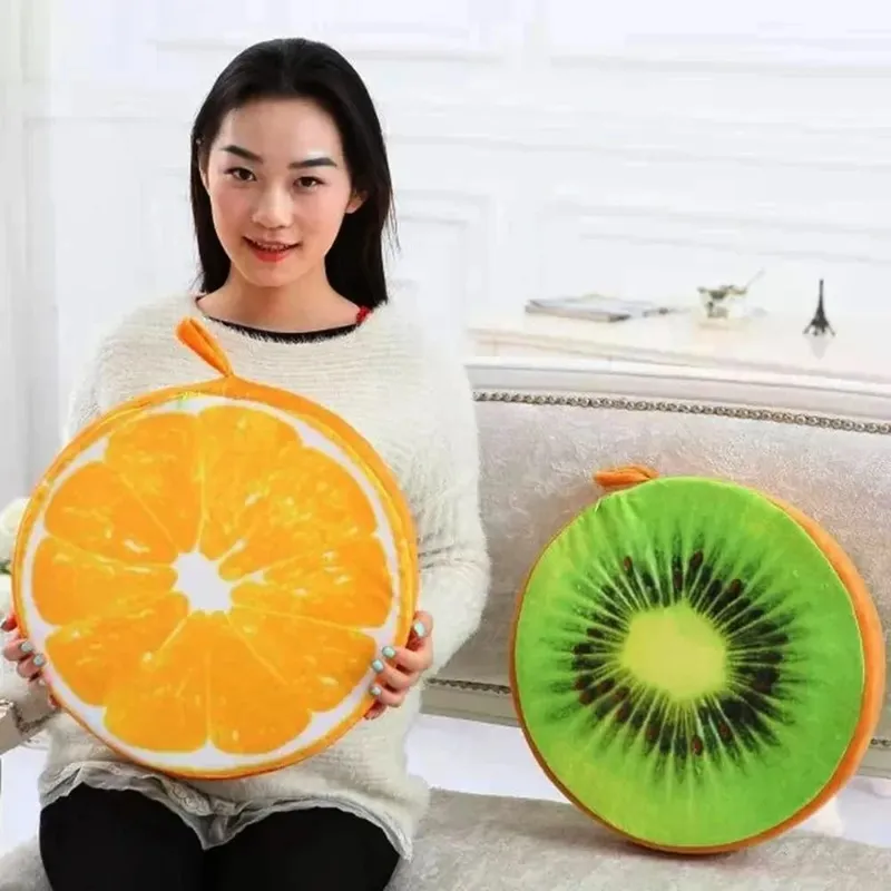 Bonito redondo frutas travesseiro simulação tecido de pelúcia almofada do assento frutas fatia impressão recheado interior travesseiro sofá decoração
