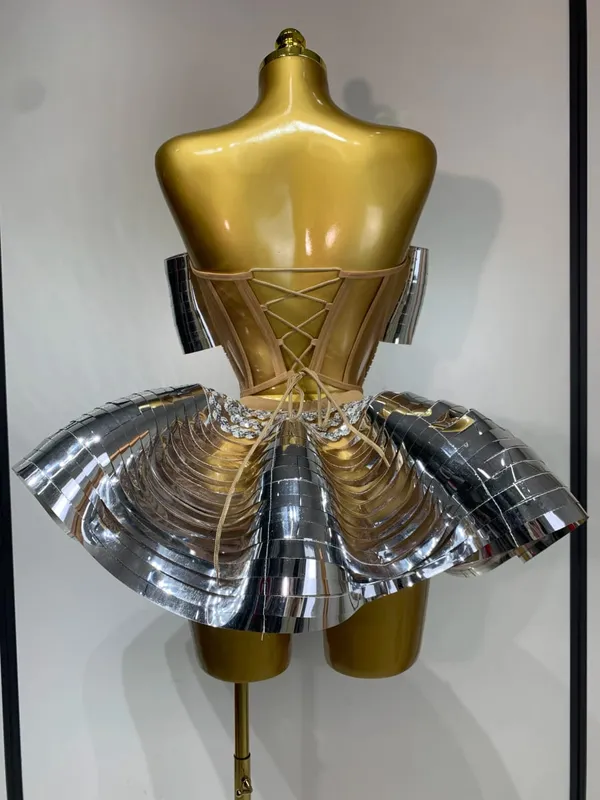 Women Stage Performance Costume Two Piece Set Silver Sequins Rhinestone Fancy Outfit Sexy Backless Shiny Birthday Party Dresses